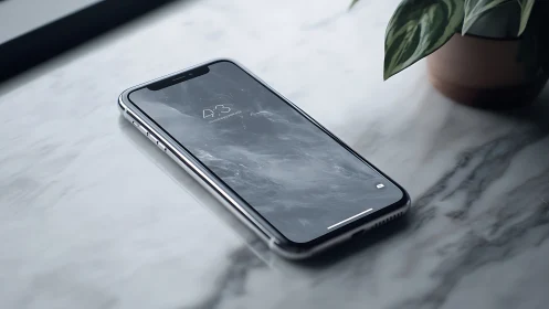iPhone on marble surface with potted plant, lock screen displayed.