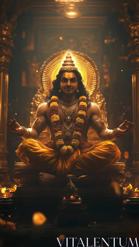 Golden robed deity seated in ornate temple shrine.