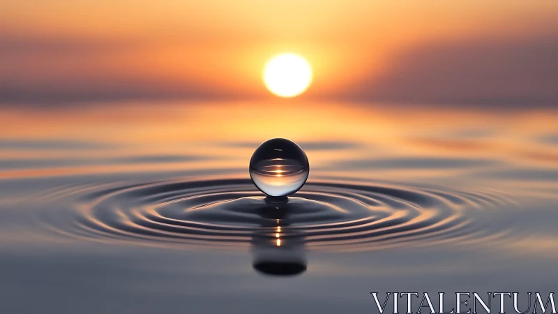 Single liquid sphere rests on rippled water under sunset light