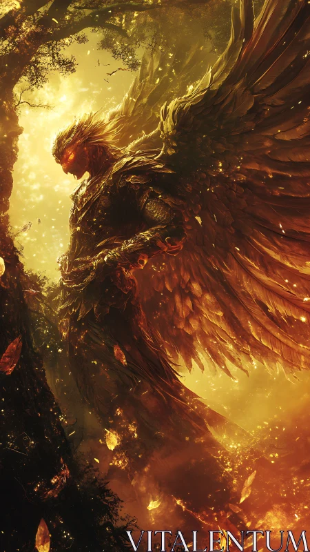 Flaming celestial guardian descends in molten golden light.