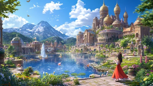 Fantasy lakeside city with domed palace and mountains