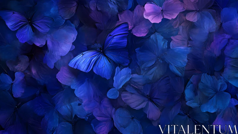 Blue and purple butterflies overlap in dense textured cluster