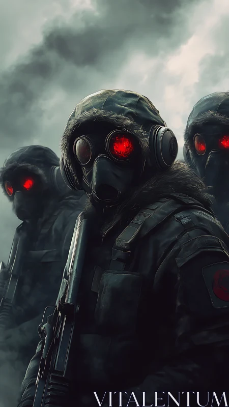Postapocalyptic soldiers with gas masks and red goggles.