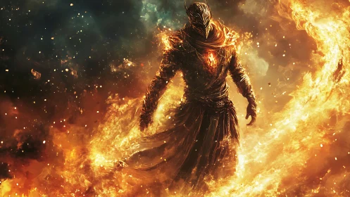 Blazing fire guardian strides through swirling cosmic flames