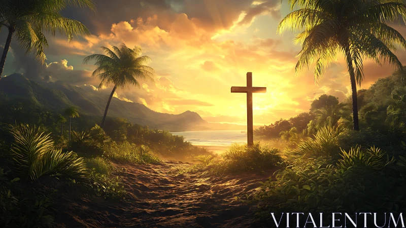 Wooden cross stands on tropical path facing coastal sunset