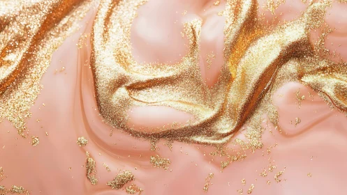 Gold glitter dispersion flows across glossy rose fluid ground