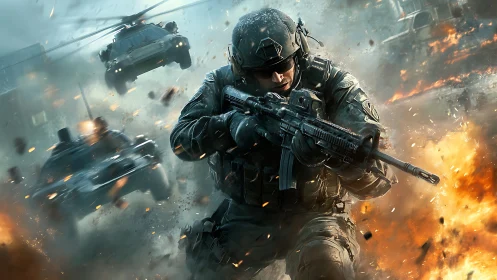 Lone tactical commando cuts forward through burning metal storm