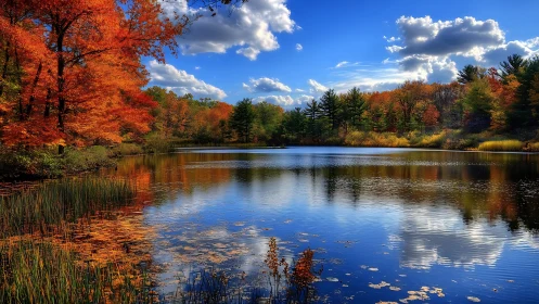 Crimson forests embrace a mirror-still autumn lake under blue skies.