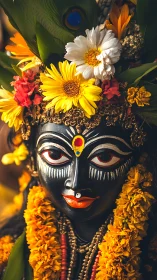 Flower-crowned deity portrait glowing in marigold dusk.