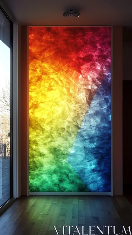 Translucent rainbow glass panel diffuses light in a modern interior