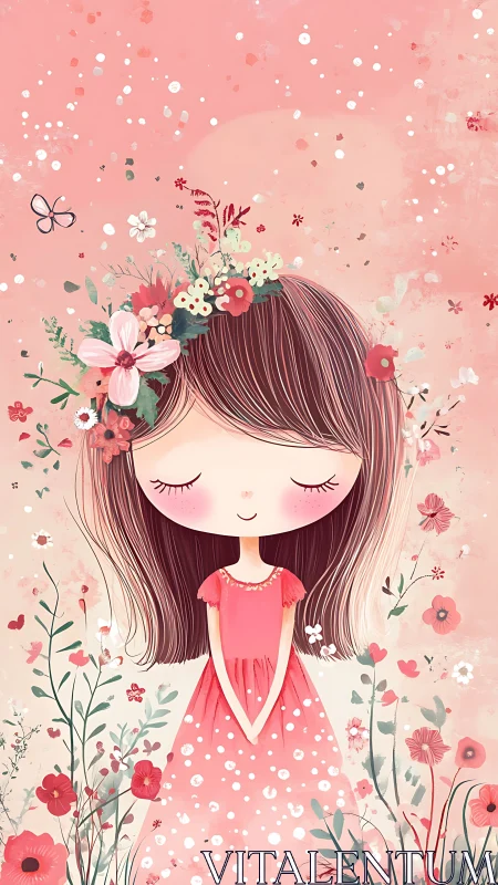 Girl with Floral Crown in Dreamy Pastel Garden