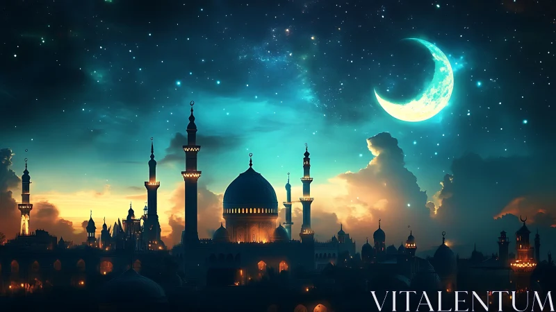 Night city skyline shows illuminated domes under crescent moon