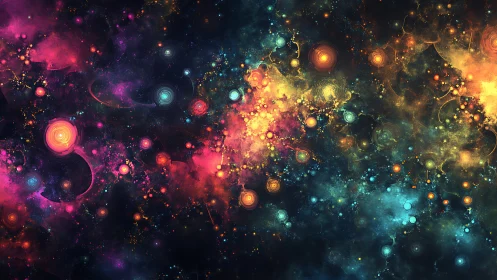 Nebular fractal cosmos with luminous orbits in deep space.