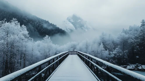 Snow laden bridge leading into misty alpine valley.