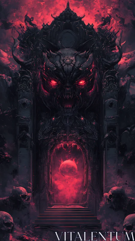 Demonic gate frames a glowing red portal beneath skulls