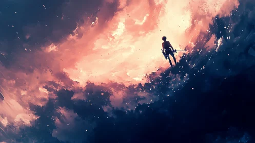 Sword-bearing dreamwalker strides along a burning sky
