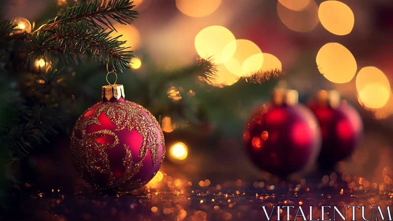 Christmas baubles hang beside tree lights in soft focus