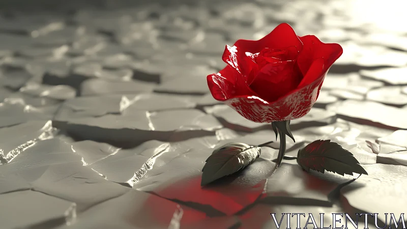 Glossy red 3D rose emerges from fractured metallic ground