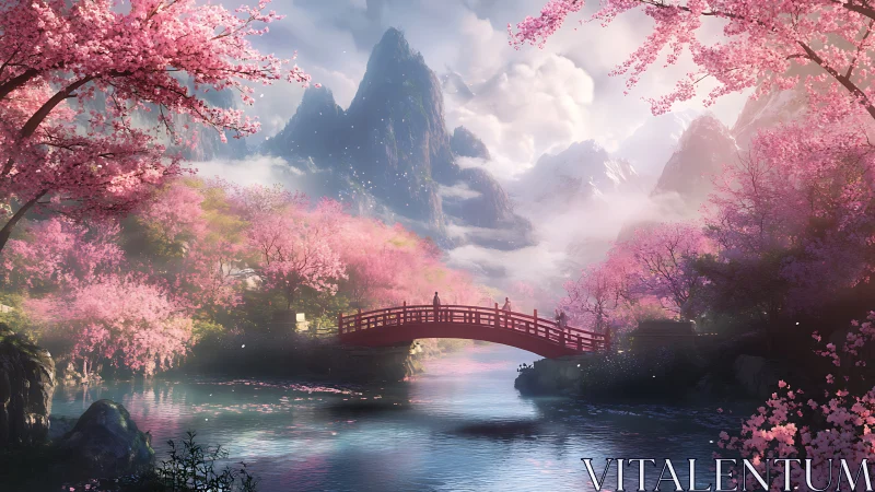 Red arched bridge spans reflective river amid dense cherry blossoms