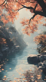 Whispering ember leaves over a glassy teal river hush.