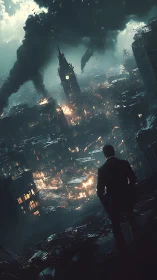 Digital painting of suited figure over burning dystopian cityscape.