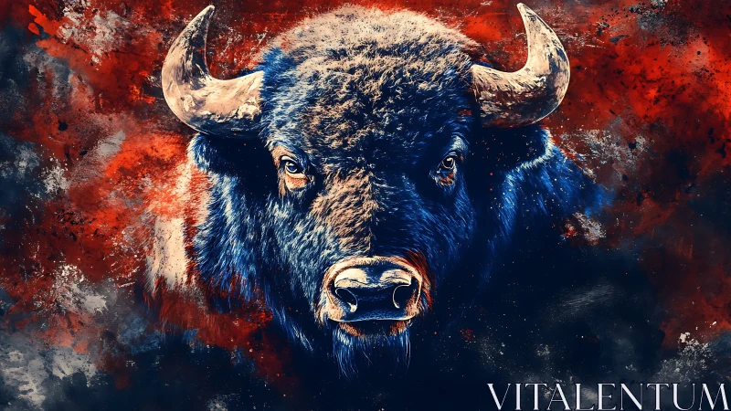 Blue bison portrait over red abstract splatter background.