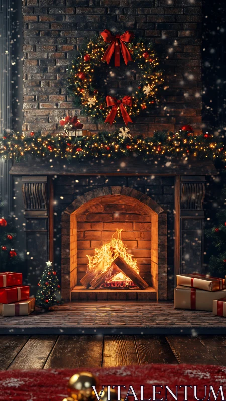 Cozy holiday hearth glows warmly with gifts and garlands