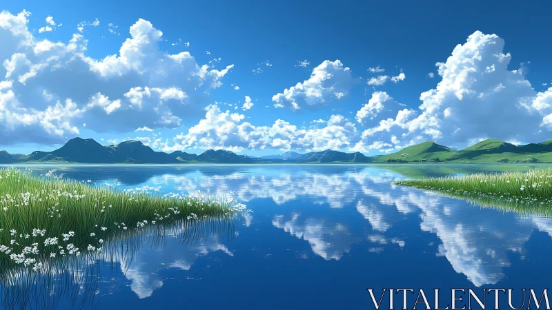 Gentle cloud-washed lake under bright springtime skies.