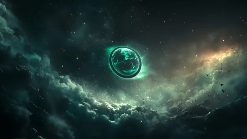 Luminous teal planet suspended in nebular dust and starfield