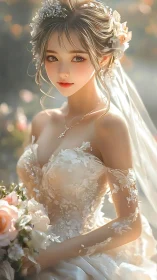 Sunlit anime bride in lace florals and dreamy pastel bloom.