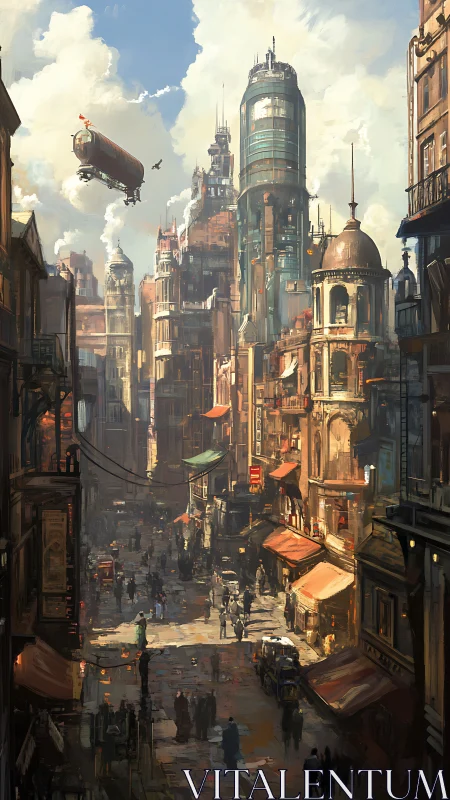 Steampunk aerial corridor over vertically dense market street.