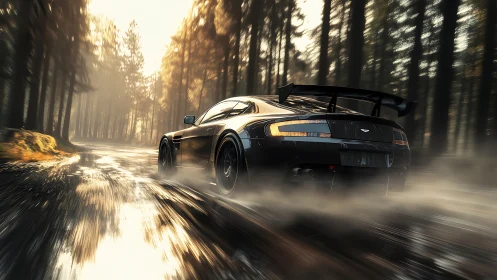 Photoreal track-day coupé on wet forest road in motion blur.