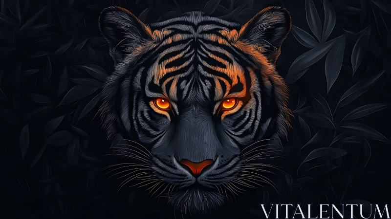 Tiger portrait with glowing orange eyes in dark foliage.
