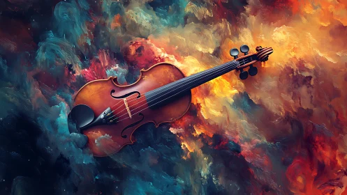 Violin suspended in nebula-like clouds uniting music and cosmos
