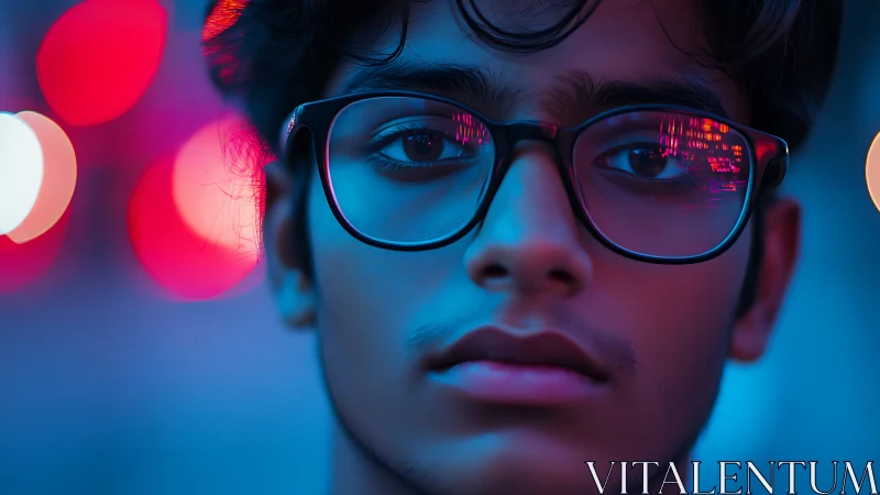 Neon city reflections glow across thoughtful face at dusk.