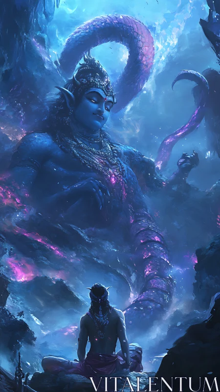 Cosmic deity calmly meets a lone seeker in glowing depths