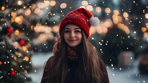 Cozy winter smile beneath twinkling holiday lights at dusk.