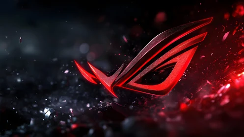 Futuristic red ROG logo with glowing effects and dynamic debris.