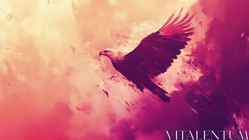 Soaring eagle silhouette cuts through magenta atmospheric haze