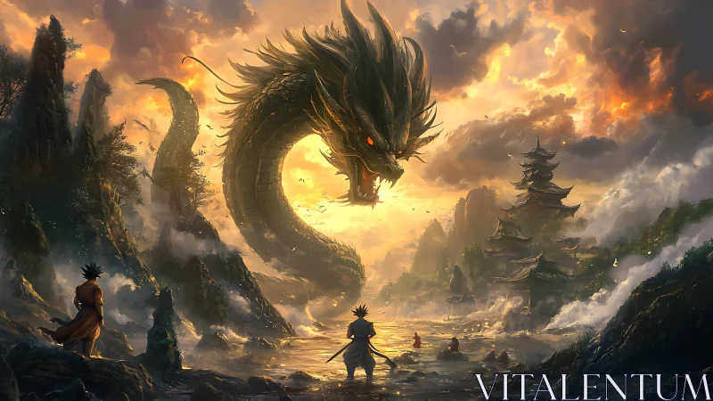 Giant dragon confronts warriors in misty river valley at dusk