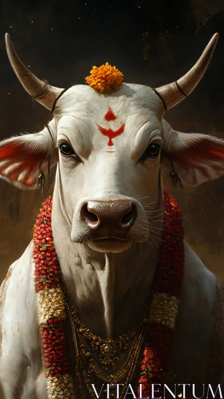 Sacred white cow adorned with marigolds and red tilak.