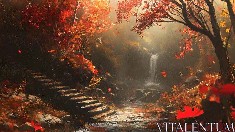 Autumn Forest Waterfall Path at Dawn.