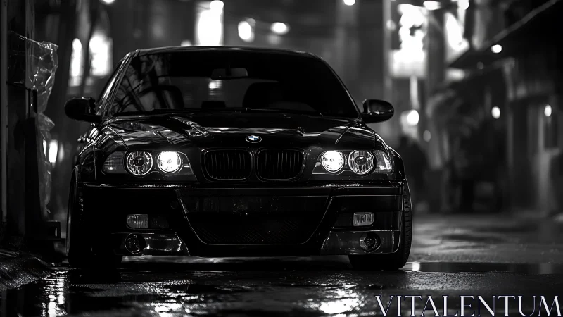 Black BMW sports sedan waits under wet city night lights