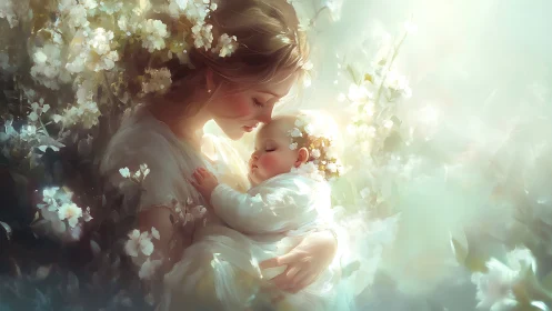 Mother and infant surrounded by luminous white blossoms in gentle light