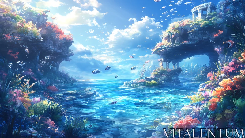 Ruined stone arch stands above vivid coral lagoon and fish