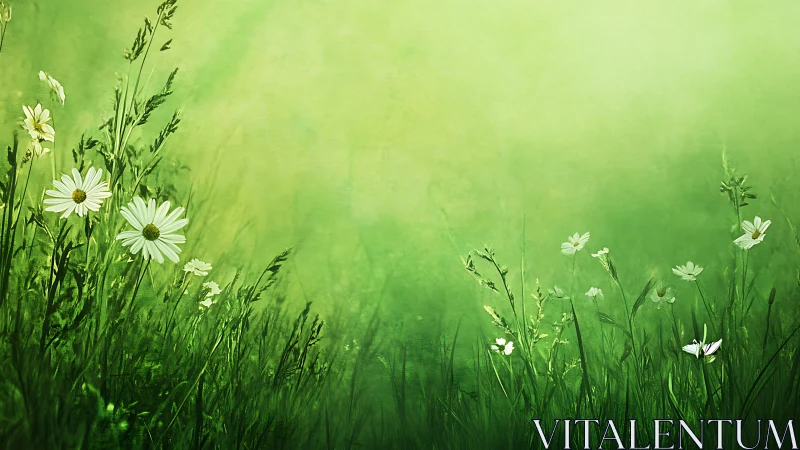 Meadow with white daisies in green field gradient.