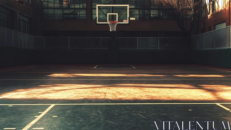 Outdoor basketball court with single hoop and low sunlight.