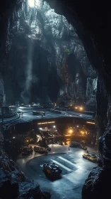 Subterranean starport hums beneath a rain‑lit cavern skylight