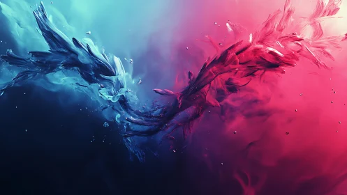 Opposing blue and red liquid forms collide at center
