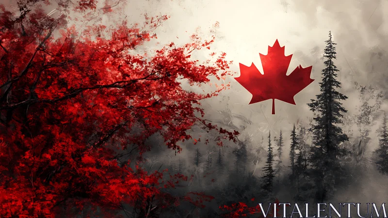 High-contrast Canadian maple motif over misty conifer forest